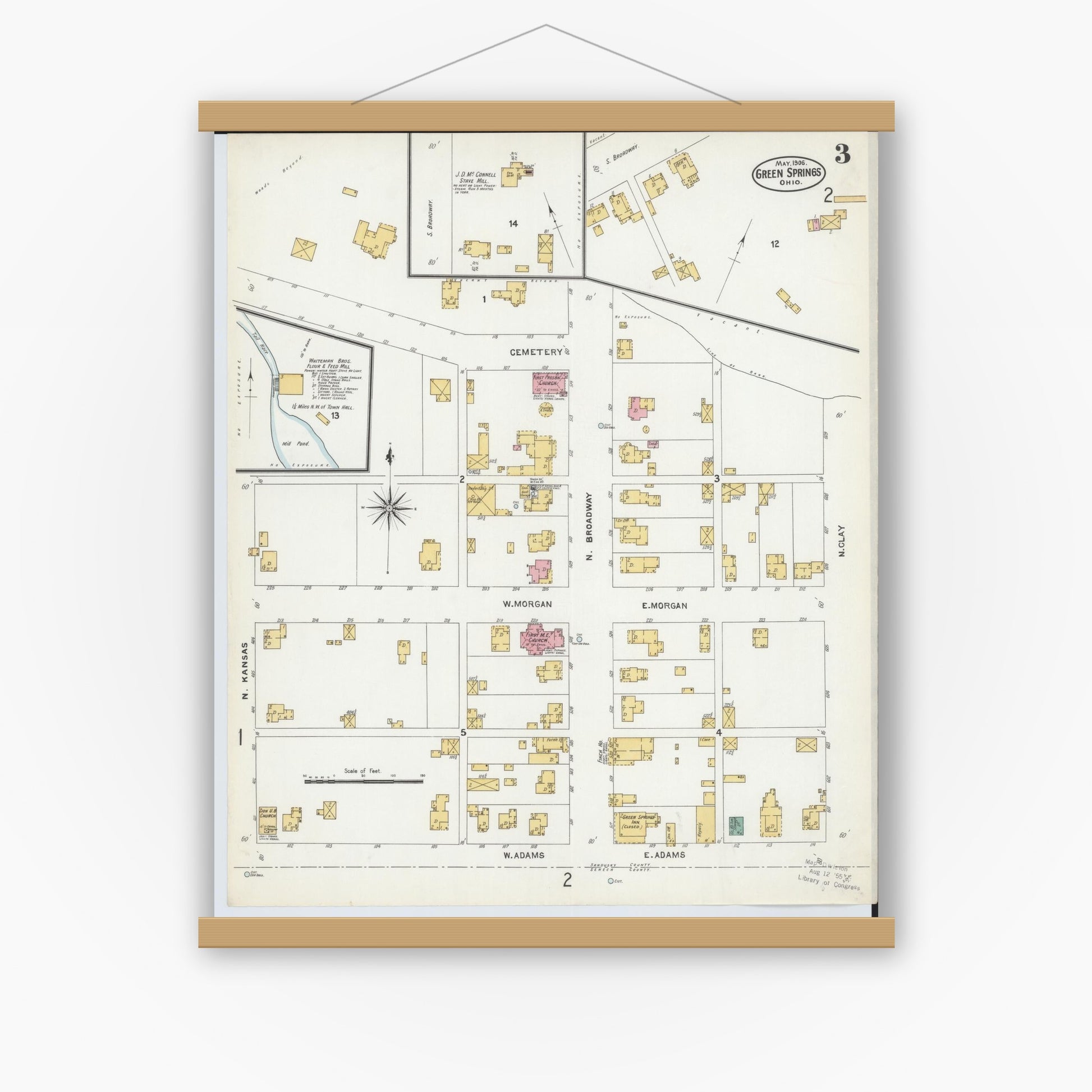 Old map wall art mockup — magnetic wood frame on white wall — Sanborn Fire Insurance Map from Green Springs, Sandusky And Seneca Counties, Ohio (1906), Sheet #0003