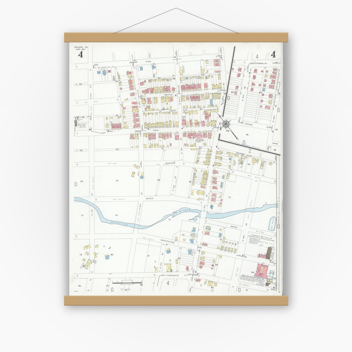 Old map wall art mockup — magnetic wood frame on white wall — Sanborn Fire Insurance Map from Denver, Lancaster County, Pennsylvania (1947), Sheet #0004