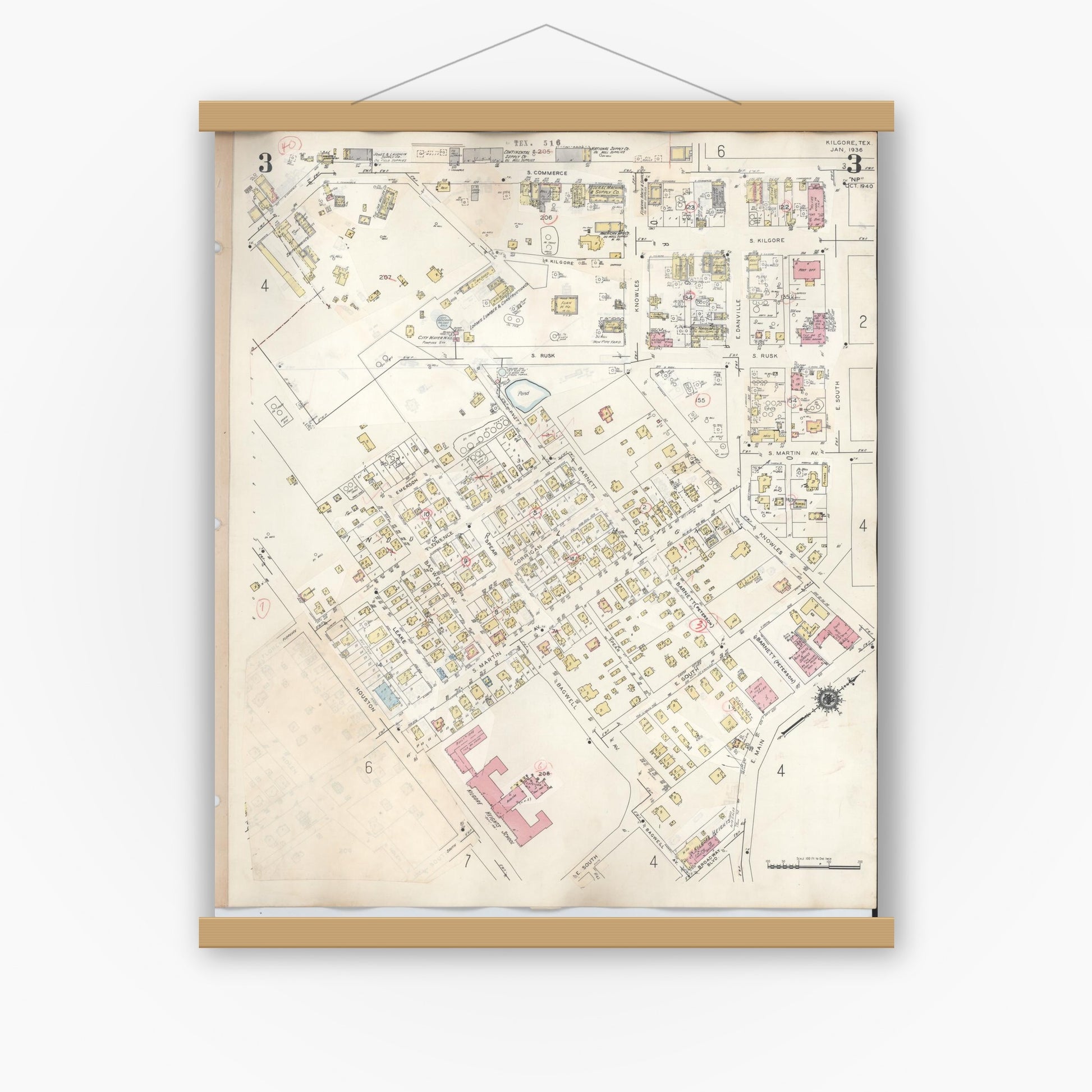 Old map wall art mockup — magnetic wood frame on white wall — Sanborn Fire Insurance Map from Kilgore, Gregg County, Texas (1950), Sheet #0003