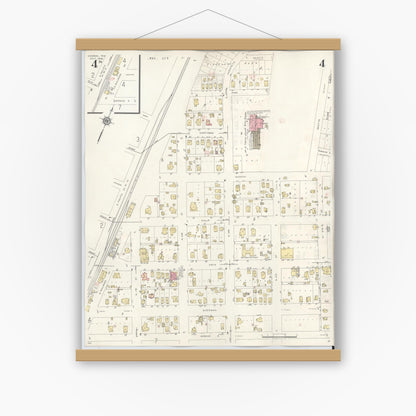 Old map wall art mockup — magnetic wood frame on white wall — Sanborn Fire Insurance Map from Conroe, Montgomery County, Texas (1943), Sheet #0004
