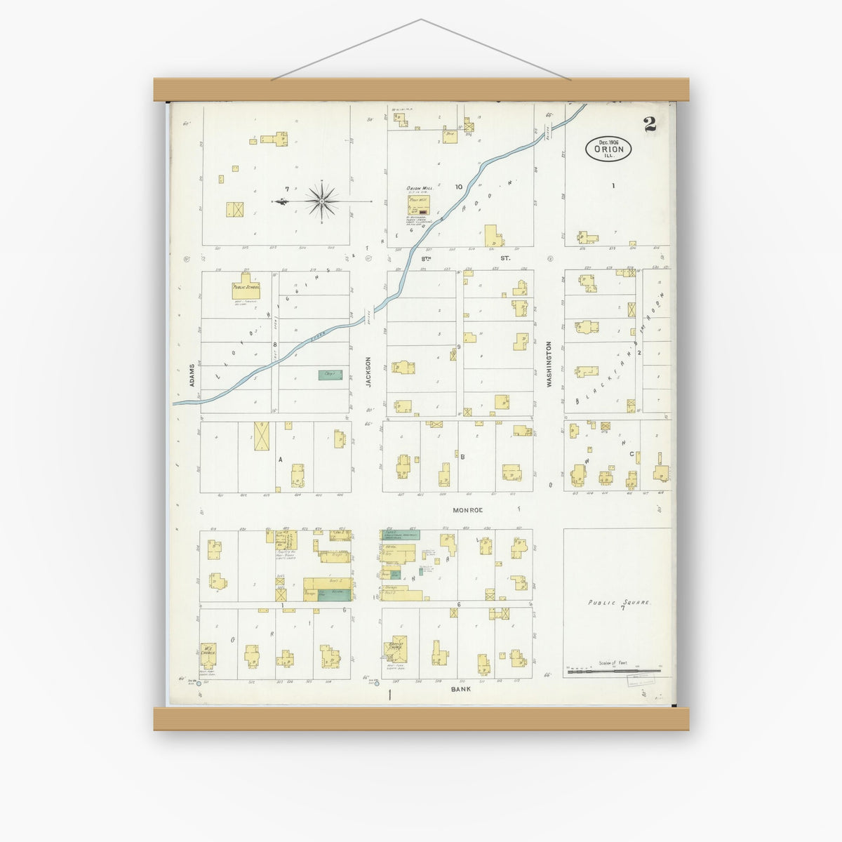 Old map wall art mockup — magnetic wood frame on white wall — Sanborn Fire Insurance Map from Orion, Henry County, Illinois (1906), Sheet #0002
