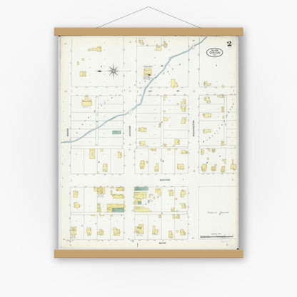 Old map wall art mockup — magnetic wood frame on white wall — Sanborn Fire Insurance Map from Orion, Henry County, Illinois (1906), Sheet #0002