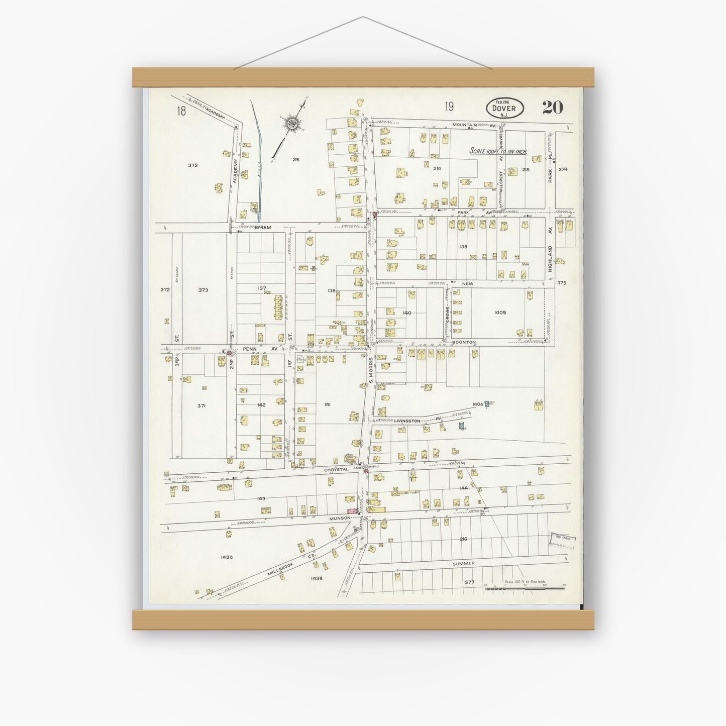 Old map wall art mockup — magnetic wood frame on white wall — Sanborn Fire Insurance Map from Dover, Morris County, New Jersey (1916), Sheet #0020