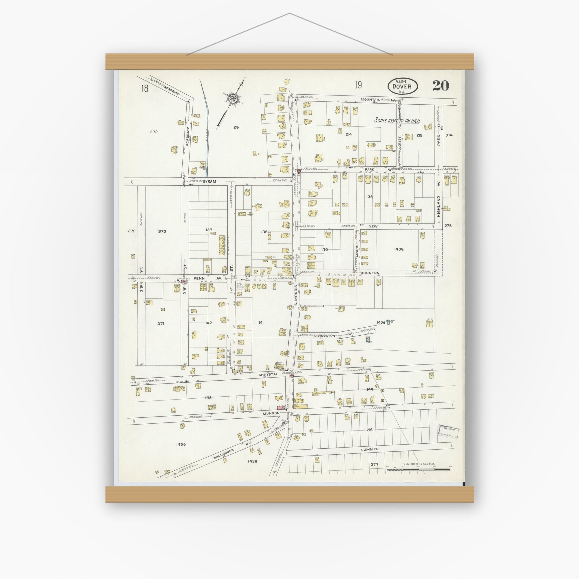 Old map wall art mockup — magnetic wood frame on white wall — Sanborn Fire Insurance Map from Dover, Morris County, New Jersey (1916), Sheet #0020