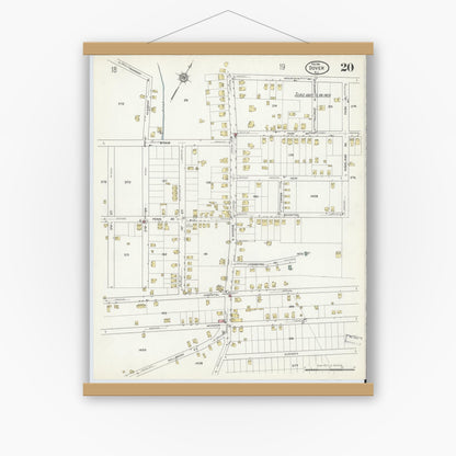 Old map wall art mockup — magnetic wood frame on white wall — Sanborn Fire Insurance Map from Dover, Morris County, New Jersey (1916), Sheet #0020
