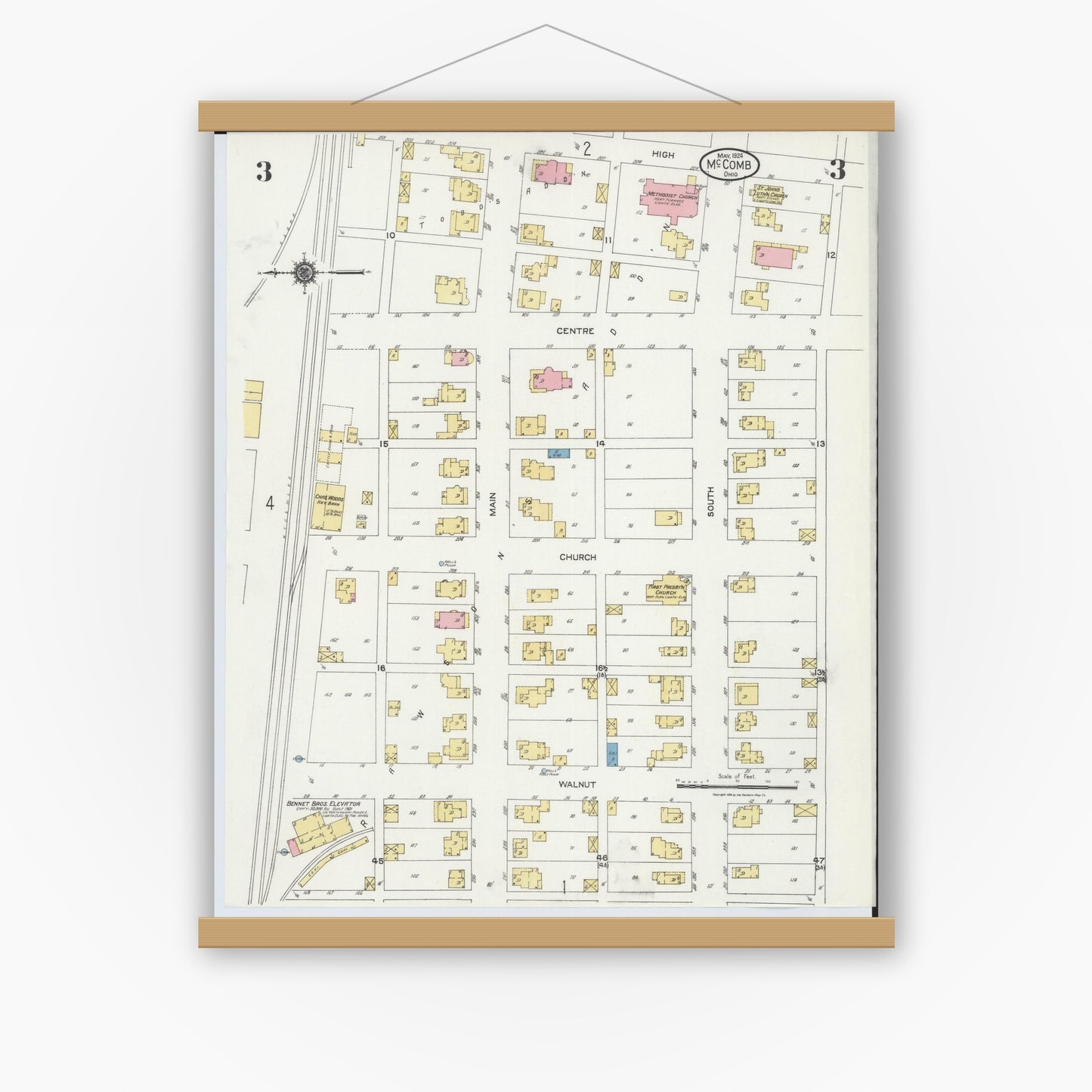 Old map wall art mockup — magnetic wood frame on white wall — Sanborn Fire Insurance Map from McComb, Hancock County, Ohio (1924), Sheet #0003