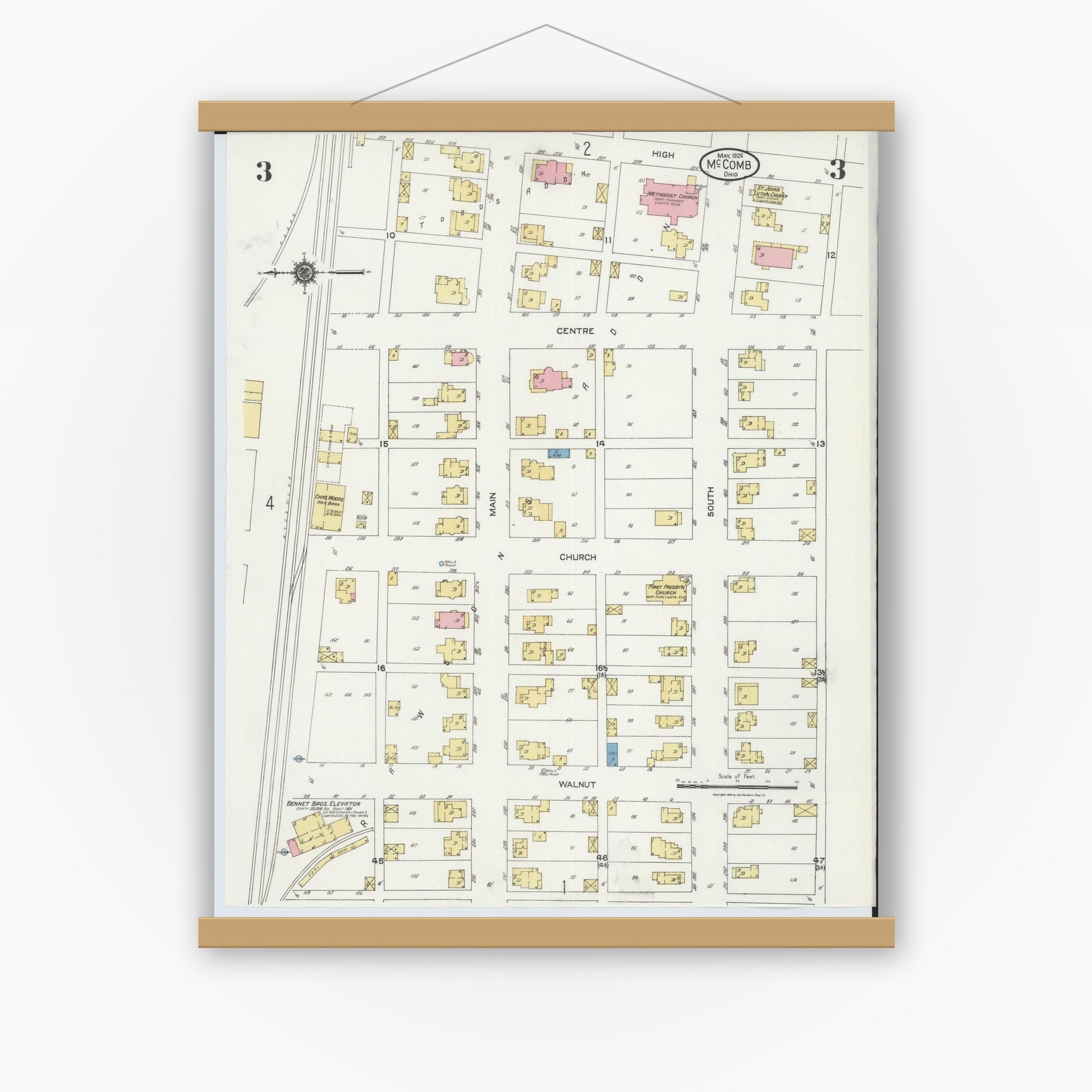 Old map wall art mockup — magnetic wood frame on white wall — Sanborn Fire Insurance Map from McComb, Hancock County, Ohio (1924), Sheet #0003