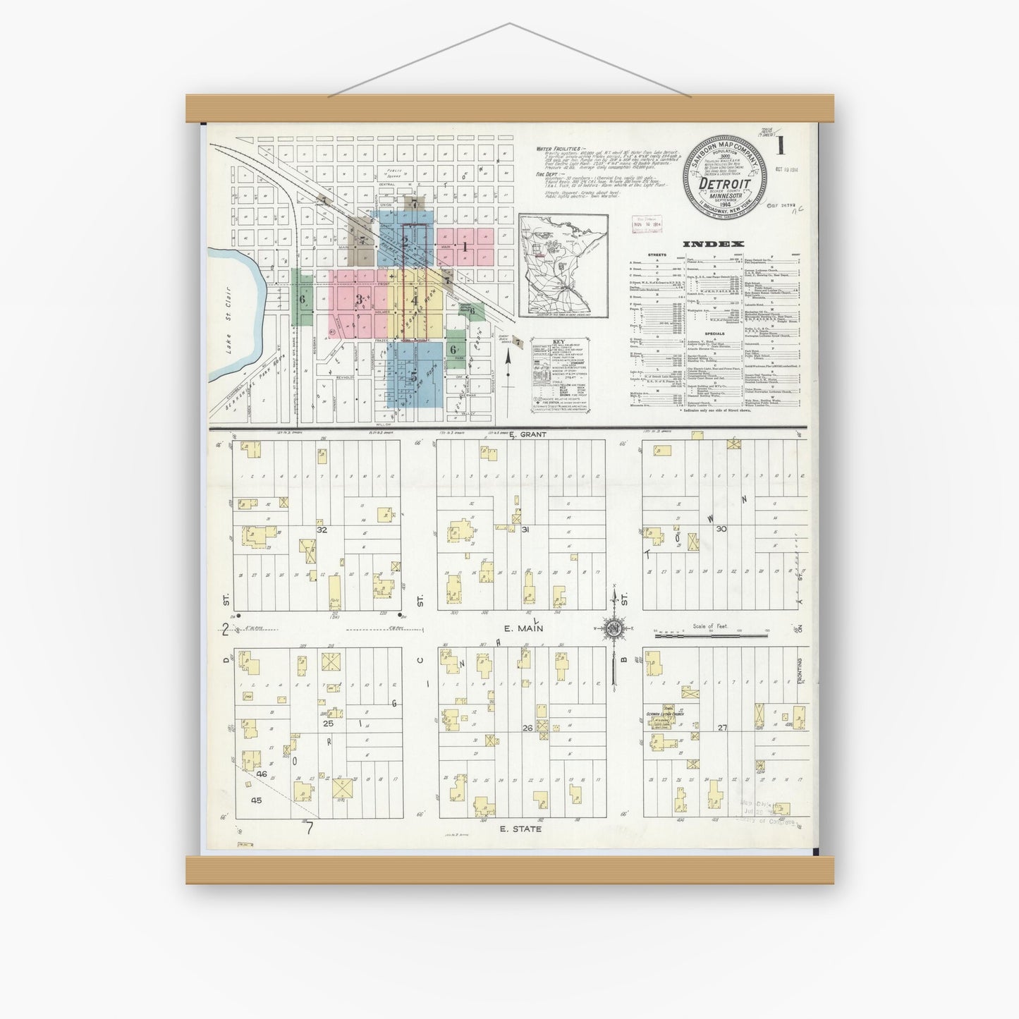 Old map wall art mockup — magnetic wood frame on white wall — Sanborn Fire Insurance Map from Detroit Lakes, Becker County, Minnesota (1914), Sheet #0001