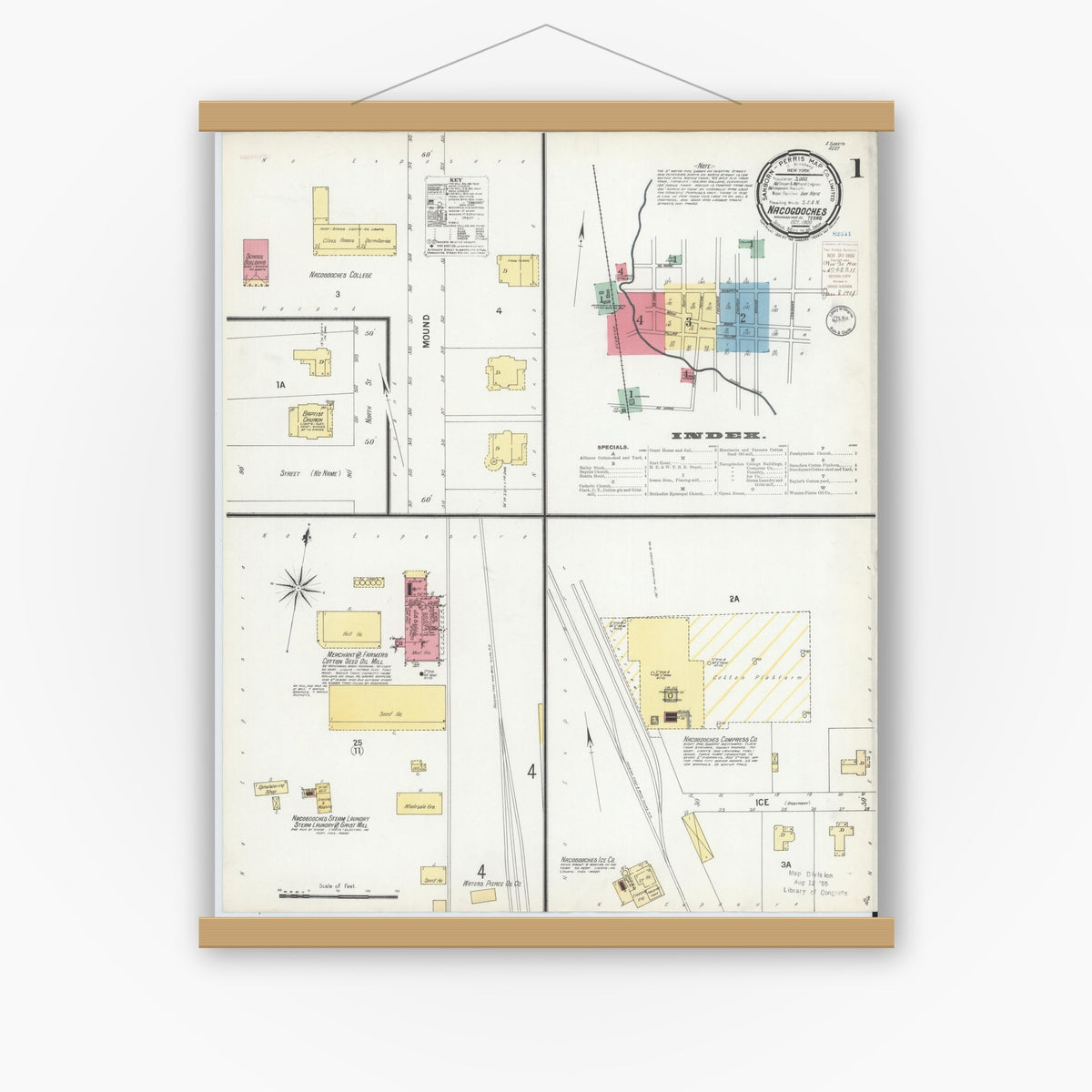 Old map wall art mockup — magnetic wood frame on white wall — Sanborn Fire Insurance Map from Nacogdoches, Nacogdoches County, Texas (1900) - Complete Map Set