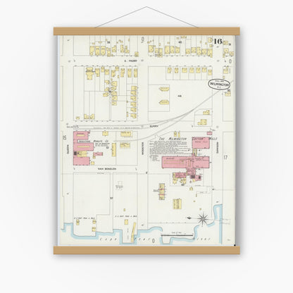 Old map wall art mockup — magnetic wood frame on white wall — Sanborn Fire Insurance Map from Wilmington, New Hanover County, North Carolina (1898), Sheet #0016