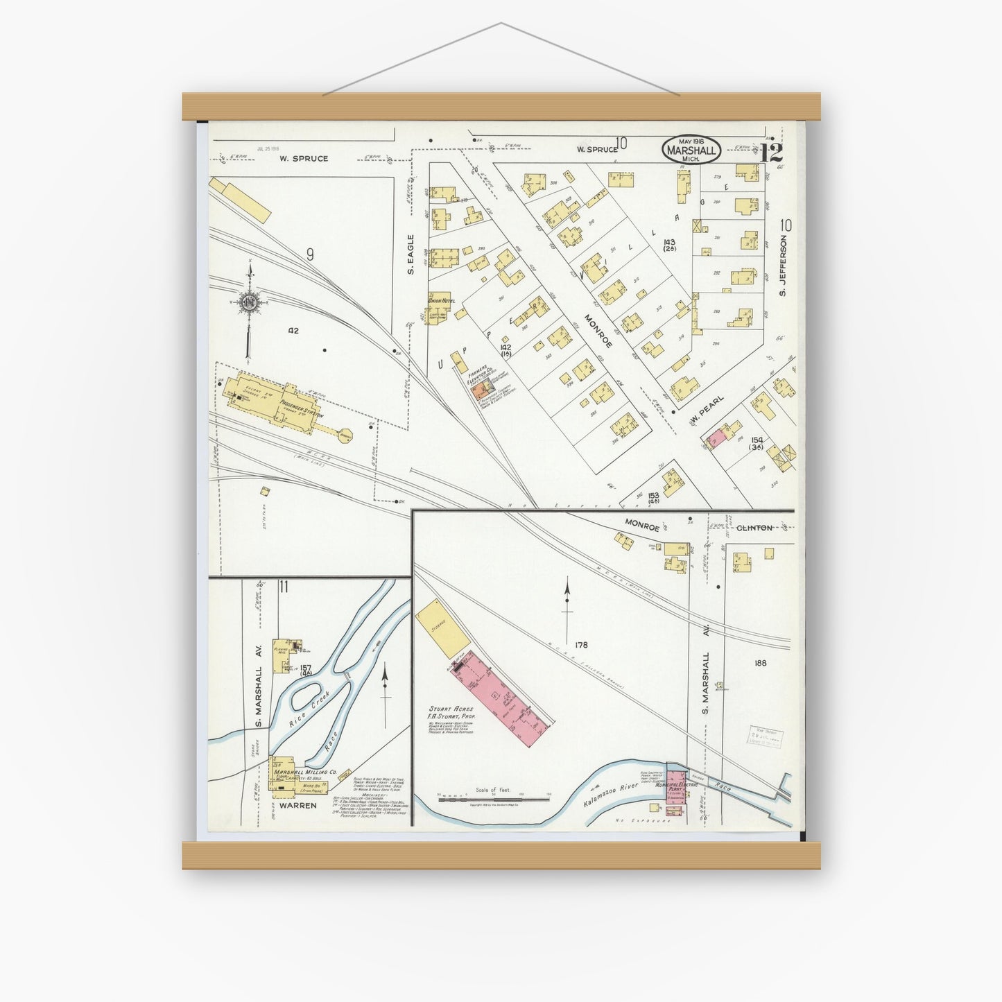 Old map wall art mockup — magnetic wood frame on white wall — Sanborn Fire Insurance Map from Marshall, Calhoun County, Michigan (1916), Sheet #0012