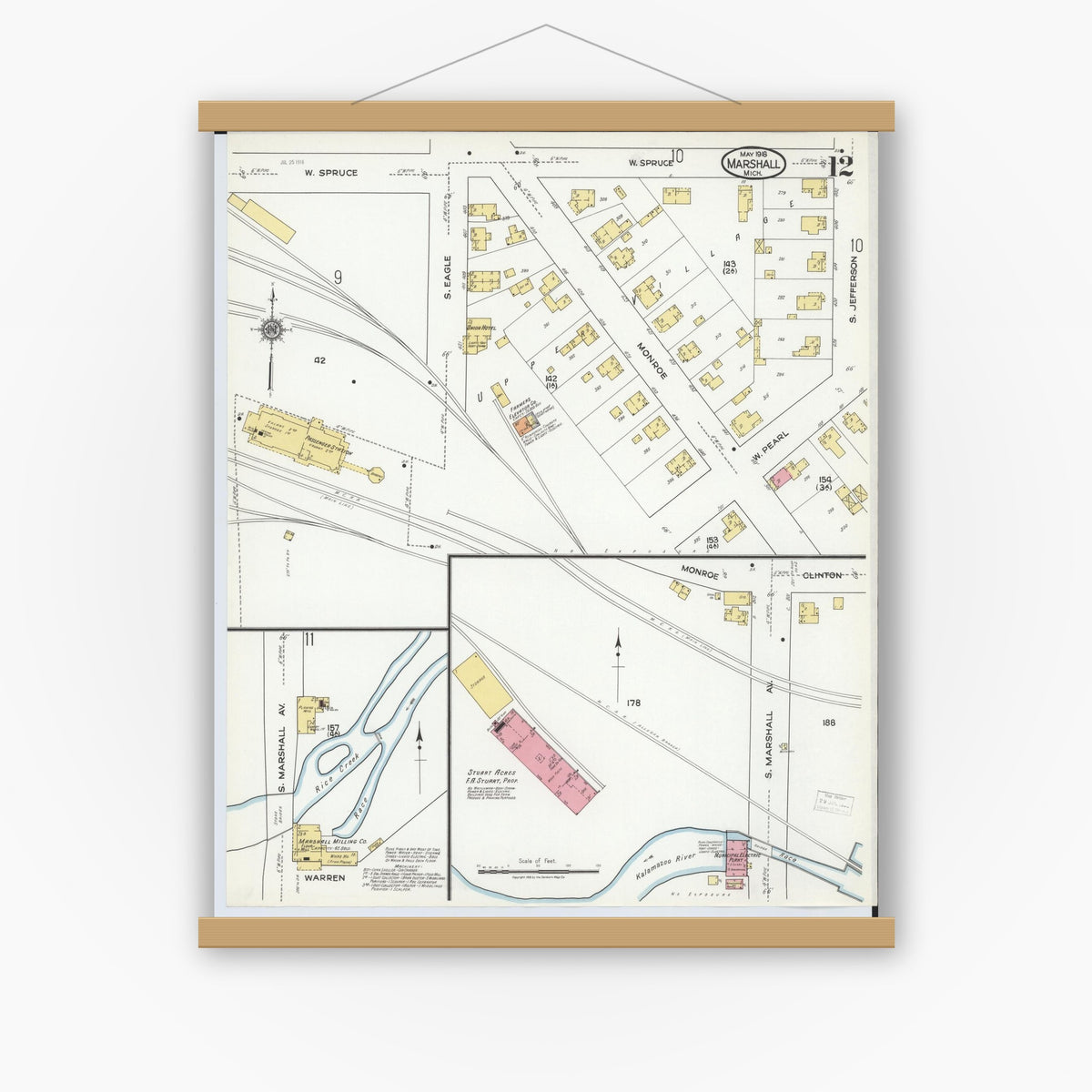 Old map wall art mockup — magnetic wood frame on white wall — Sanborn Fire Insurance Map from Marshall, Calhoun County, Michigan (1916), Sheet #0012