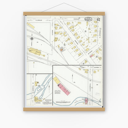 Old map wall art mockup — magnetic wood frame on white wall — Sanborn Fire Insurance Map from Marshall, Calhoun County, Michigan (1916), Sheet #0012