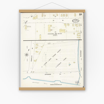 Old map wall art mockup — magnetic wood frame on white wall — Sanborn Fire Insurance Map from Clinton, Clinton County, Iowa (1890), Sheet #0019