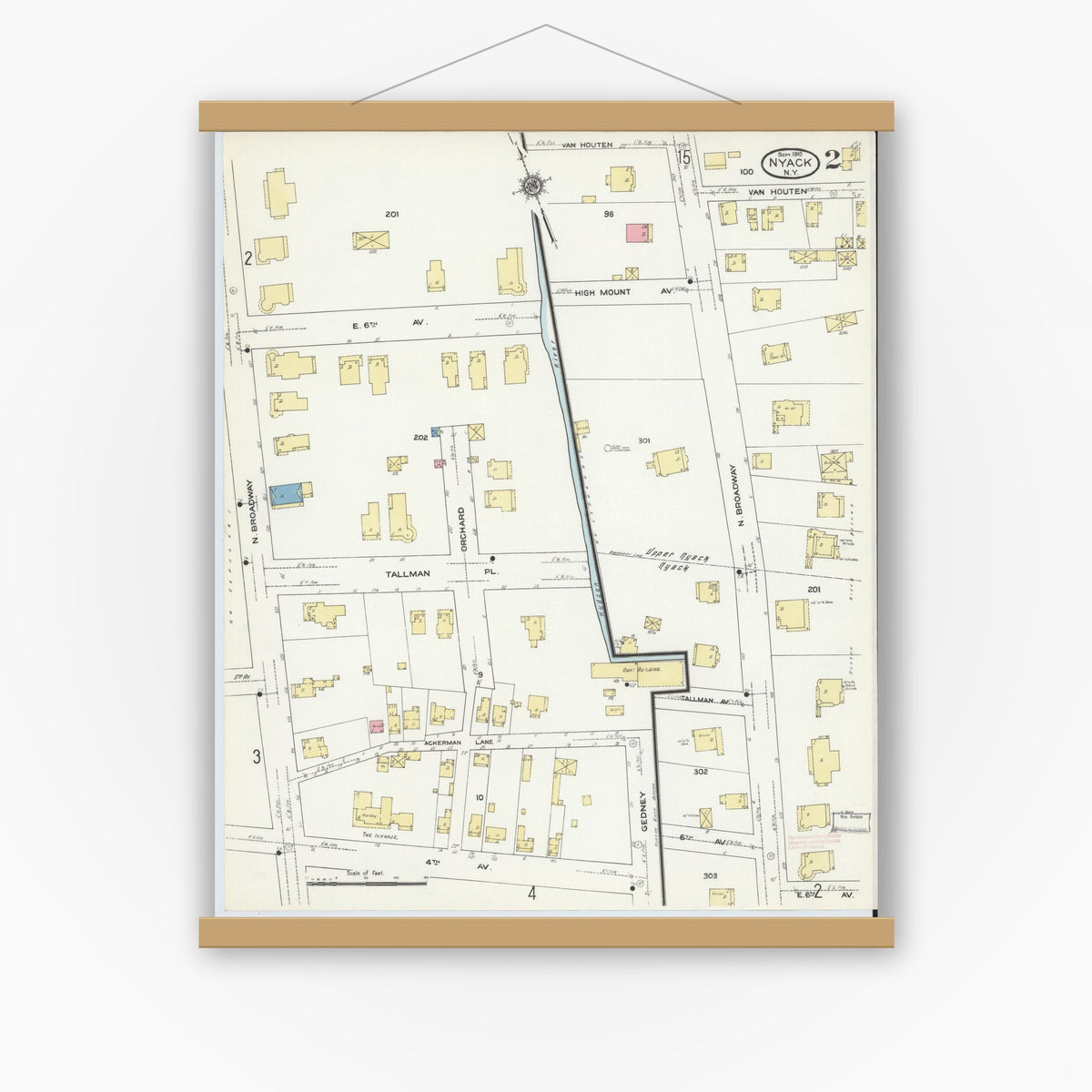 Old map wall art mockup — magnetic wood frame on white wall — Sanborn Fire Insurance Map from Nyack, Rockland County, New York (1910) - Complete Map Set
