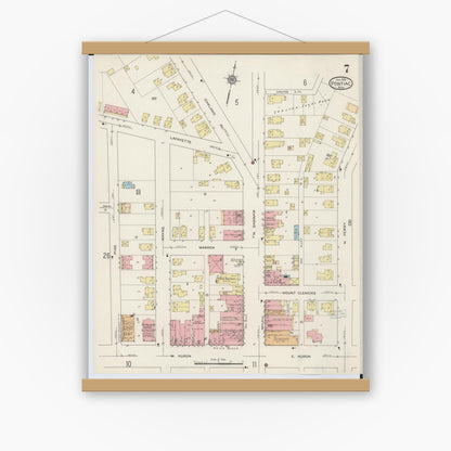 Old map wall art mockup — magnetic wood frame on white wall — Sanborn Fire Insurance Map from Pontiac, Oakland County, Michigan (1915), Sheet #0007