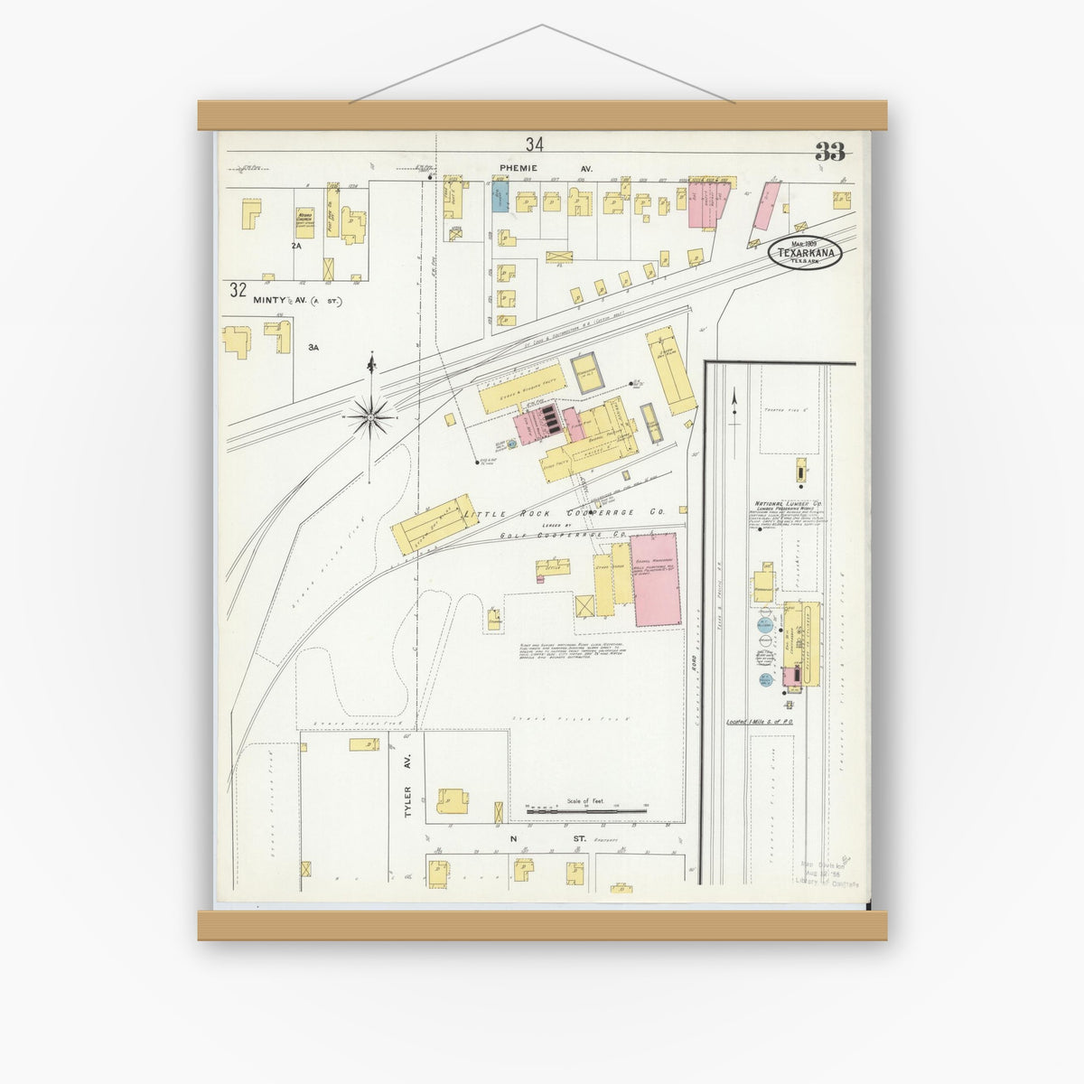 Old map wall art mockup — magnetic wood frame on white wall — Sanborn Fire Insurance Map from Texarkana, Bowie County, Texas (1909), Sheet #0033