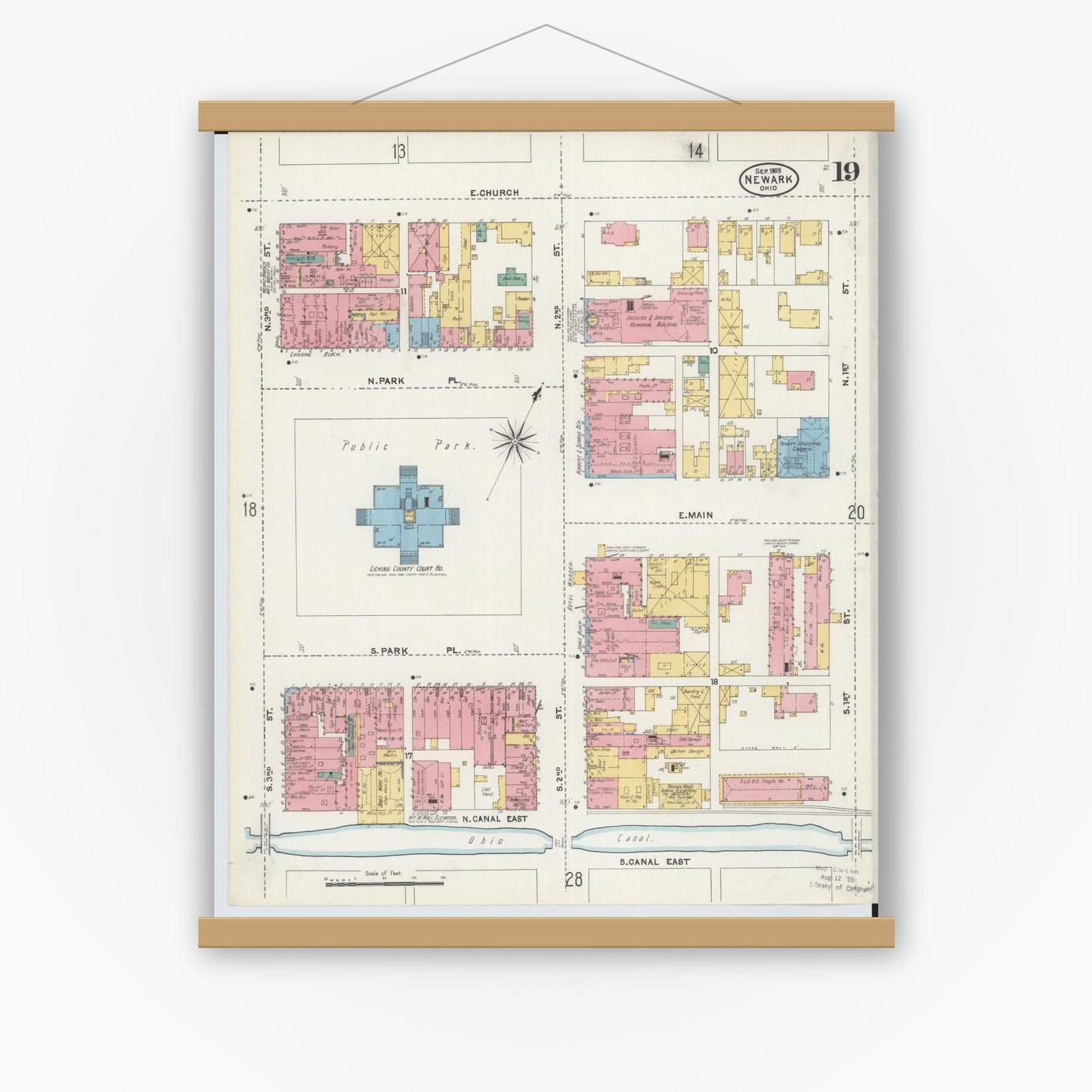 Old map wall art mockup — magnetic wood frame on white wall — Sanborn Fire Insurance Map from Newark, Licking County, Ohio (1905), Sheet #0019