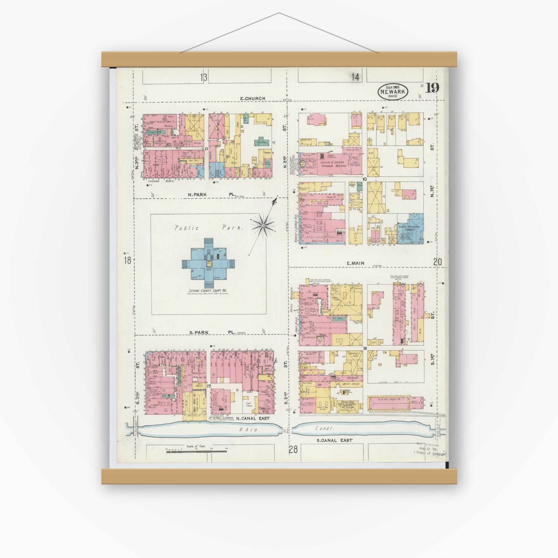 Old map wall art mockup — magnetic wood frame on white wall — Sanborn Fire Insurance Map from Newark, Licking County, Ohio (1905), Sheet #0019