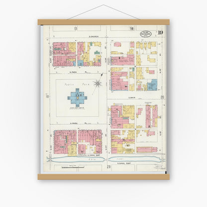 Old map wall art mockup — magnetic wood frame on white wall — Sanborn Fire Insurance Map from Newark, Licking County, Ohio (1905), Sheet #0019