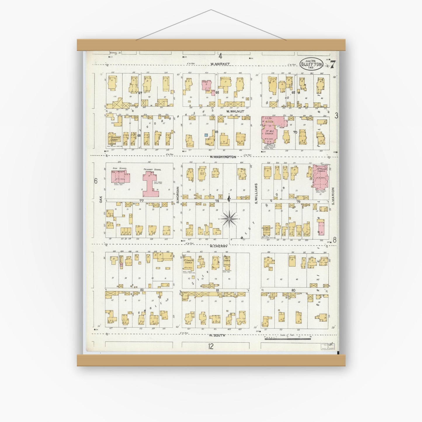 Old map wall art mockup — magnetic wood frame on white wall — Sanborn Fire Insurance Map from Bluffton, Wells County, Indiana (1906), Sheet #0007