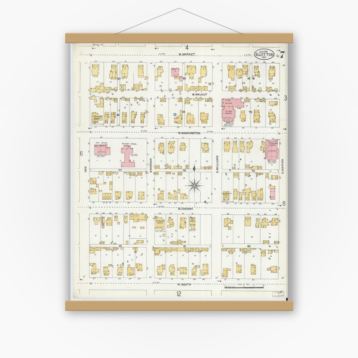 Old map wall art mockup — magnetic wood frame on white wall — Sanborn Fire Insurance Map from Bluffton, Wells County, Indiana (1906), Sheet #0007