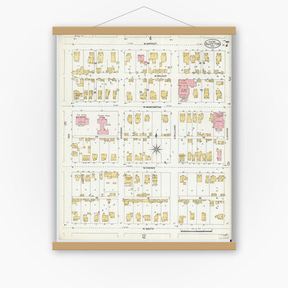 Old map wall art mockup — magnetic wood frame on white wall — Sanborn Fire Insurance Map from Bluffton, Wells County, Indiana (1906), Sheet #0007