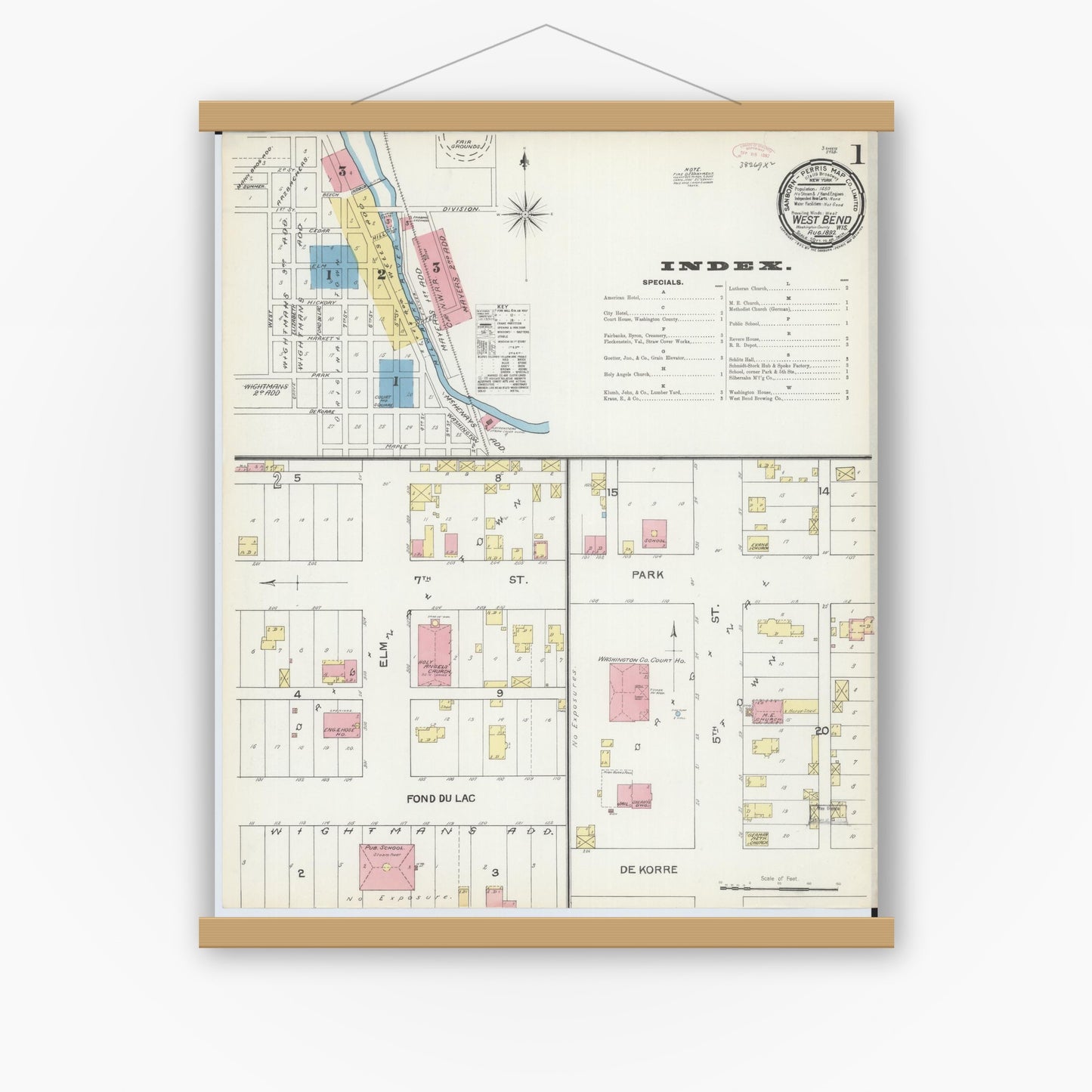 Old map wall art mockup — magnetic wood frame on white wall — Sanborn Fire Insurance Map from West Bend, Washington County, Wisconsin (1892) - Complete Map Set