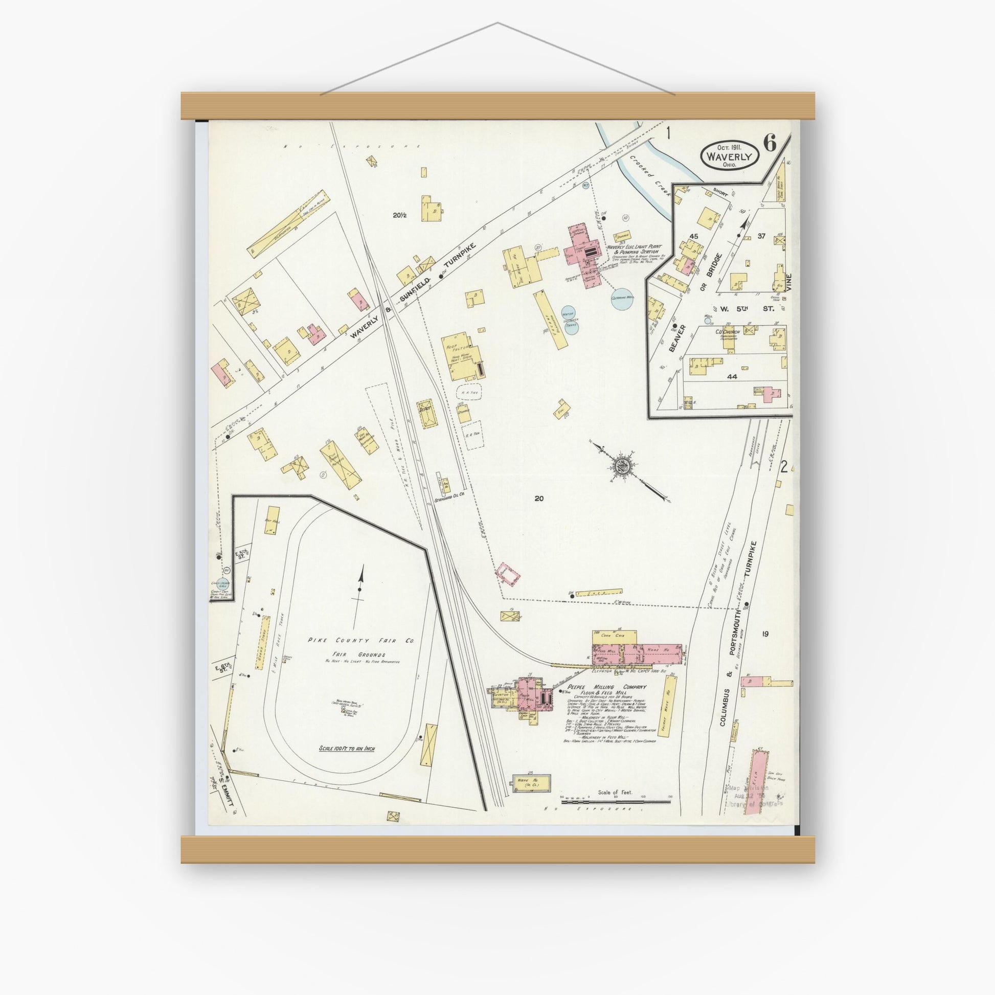 Old map wall art mockup — magnetic wood frame on white wall — Sanborn Fire Insurance Map from Waverly, Pike County, Ohio (1911), Sheet #0006