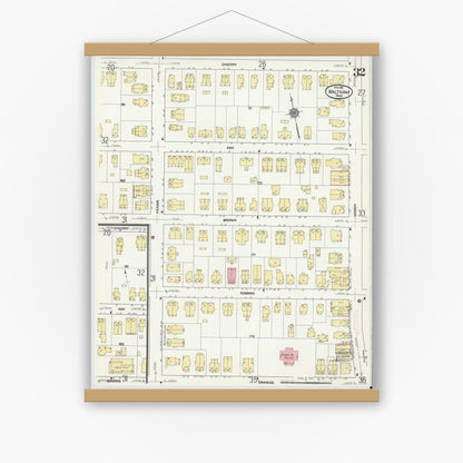 Old map wall art mockup — magnetic wood frame on white wall — Sanborn Fire Insurance Map from Waltham, Middlesex County, Massachusetts (1911), Sheet #0032