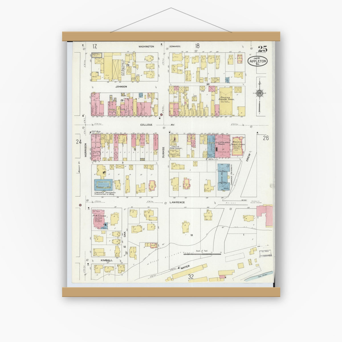 Old map wall art mockup — magnetic wood frame on white wall — Sanborn Fire Insurance Map from Appleton, Outagamie County, Wisconsin (1911), Sheet #0025