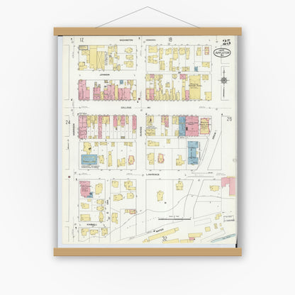 Old map wall art mockup — magnetic wood frame on white wall — Sanborn Fire Insurance Map from Appleton, Outagamie County, Wisconsin (1911), Sheet #0025