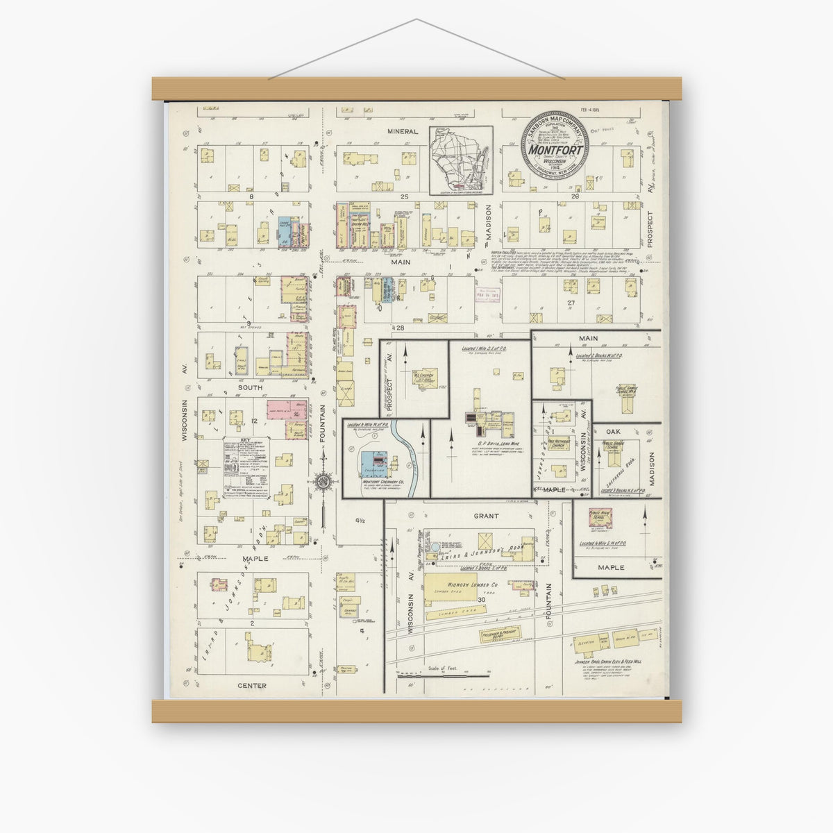 Old map wall art mockup — magnetic wood frame on white wall — Sanborn Fire Insurance Map from Montfort, Grant County, Wisconsin (1914), Sheet #0001
