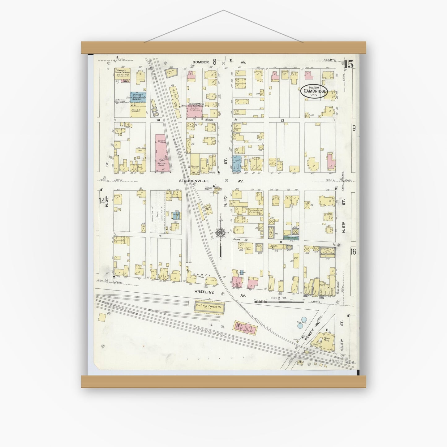 Old map wall art mockup — magnetic wood frame on white wall — Sanborn Fire Insurance Map from Cambridge, Guernsey County, Ohio (1909), Sheet #0015