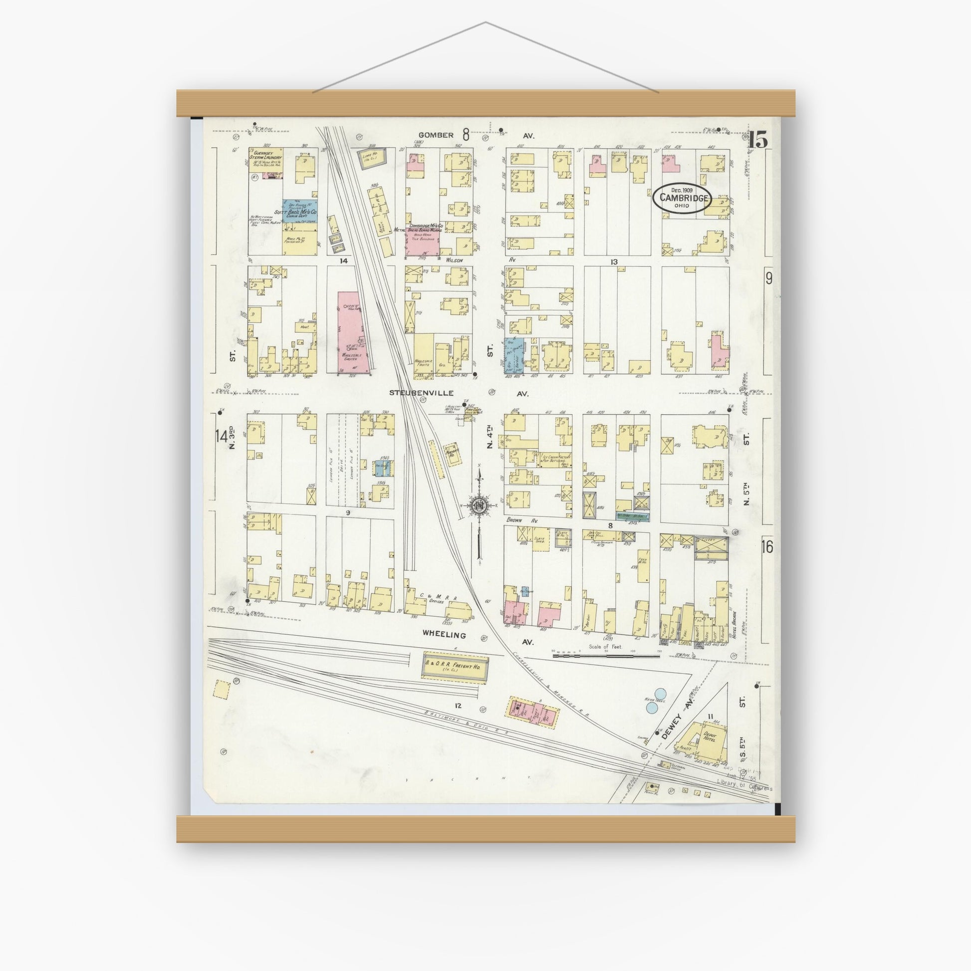 Old map wall art mockup — magnetic wood frame on white wall — Sanborn Fire Insurance Map from Cambridge, Guernsey County, Ohio (1909), Sheet #0015