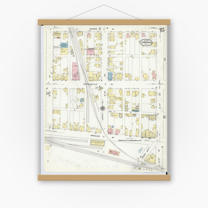 Old map wall art mockup — magnetic wood frame on white wall — Sanborn Fire Insurance Map from Cambridge, Guernsey County, Ohio (1909), Sheet #0015