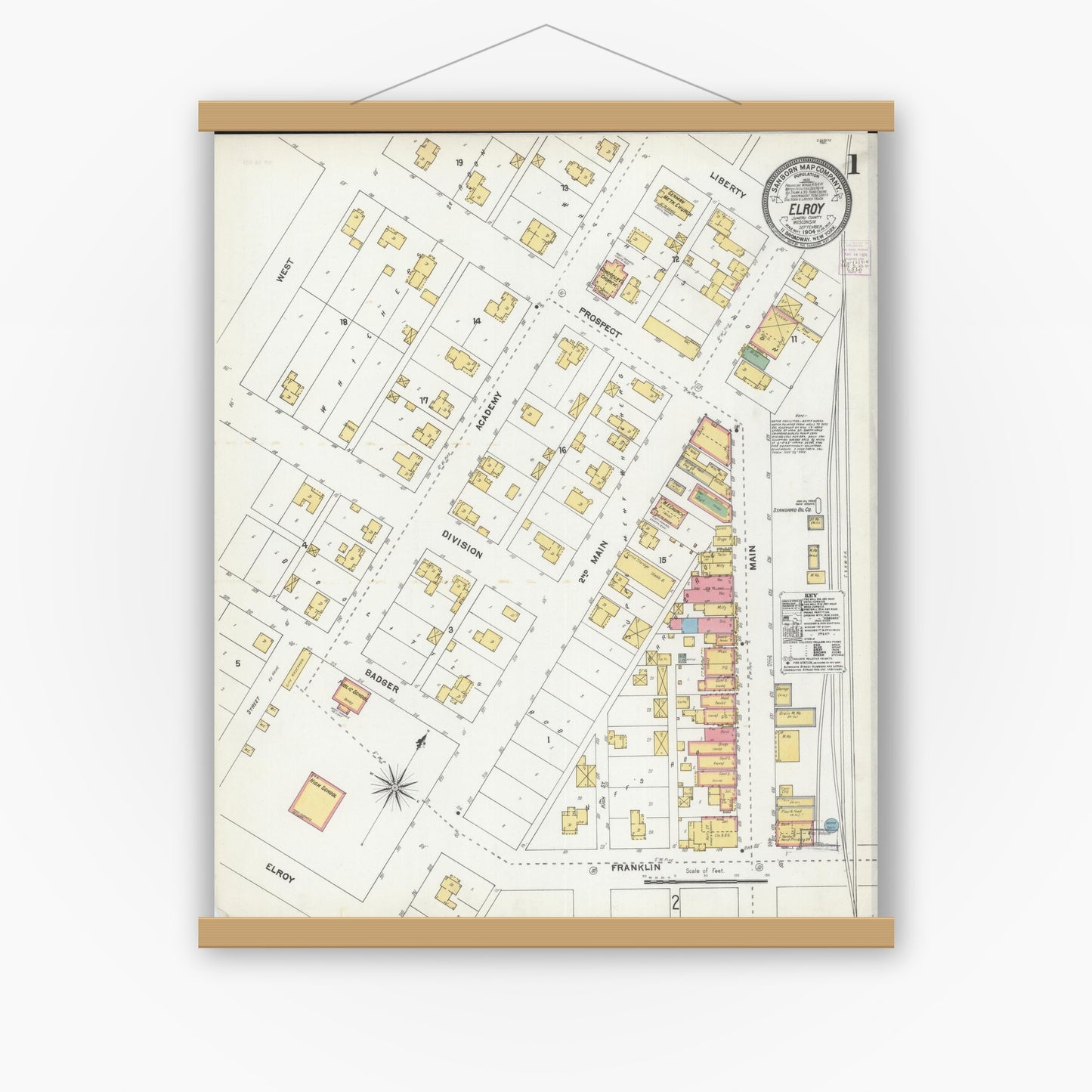 Old map wall art mockup — magnetic wood frame on white wall — Sanborn Fire Insurance Map from Elroy, Juneau County, Wisconsin (1904) - Complete Map Set