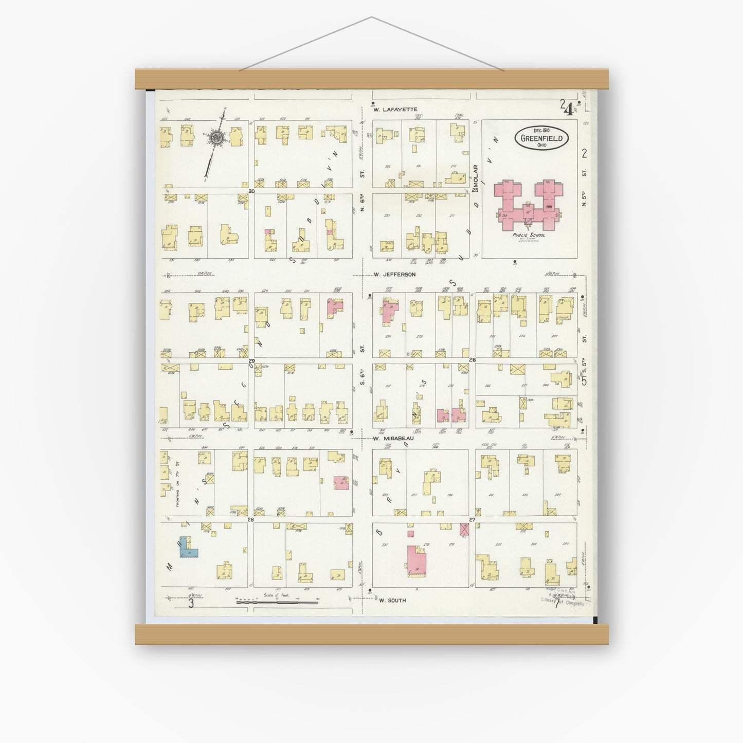 Old map wall art mockup — magnetic wood frame on white wall — Sanborn Fire Insurance Map from Greenfield, Highland County, Ohio (1910), Sheet #0004