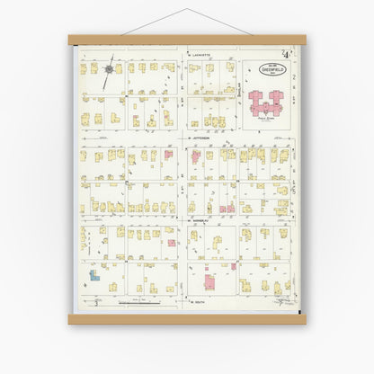 Old map wall art mockup — magnetic wood frame on white wall — Sanborn Fire Insurance Map from Greenfield, Highland County, Ohio (1910), Sheet #0004