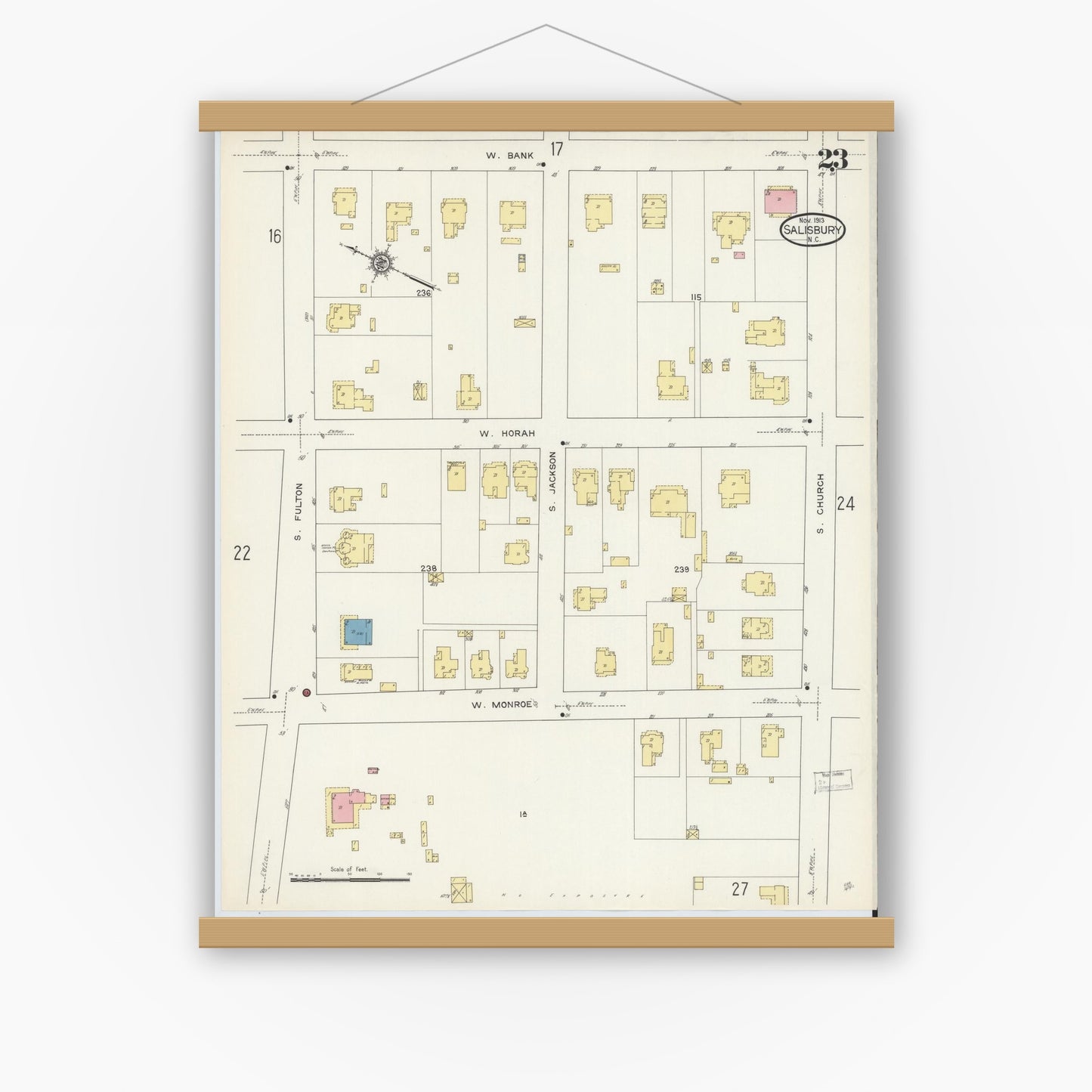 Old map wall art mockup — magnetic wood frame on white wall — Sanborn Fire Insurance Map from Salisbury, Rowan County, North Carolina (1913), Sheet #0023