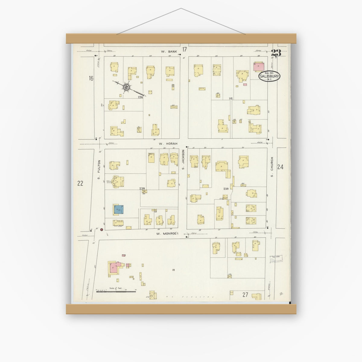 Old map wall art mockup — magnetic wood frame on white wall — Sanborn Fire Insurance Map from Salisbury, Rowan County, North Carolina (1913), Sheet #0023