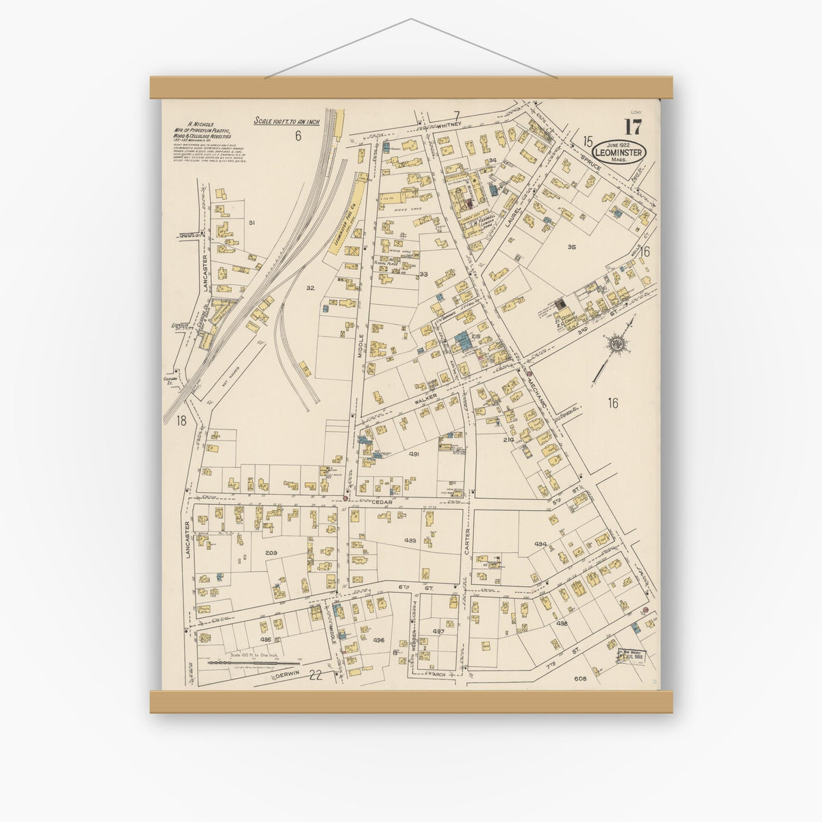 Old map wall art mockup — magnetic wood frame on white wall — Sanborn Fire Insurance Map from Leominster, Worcester County, Massachusetts (1922), Sheet #0017