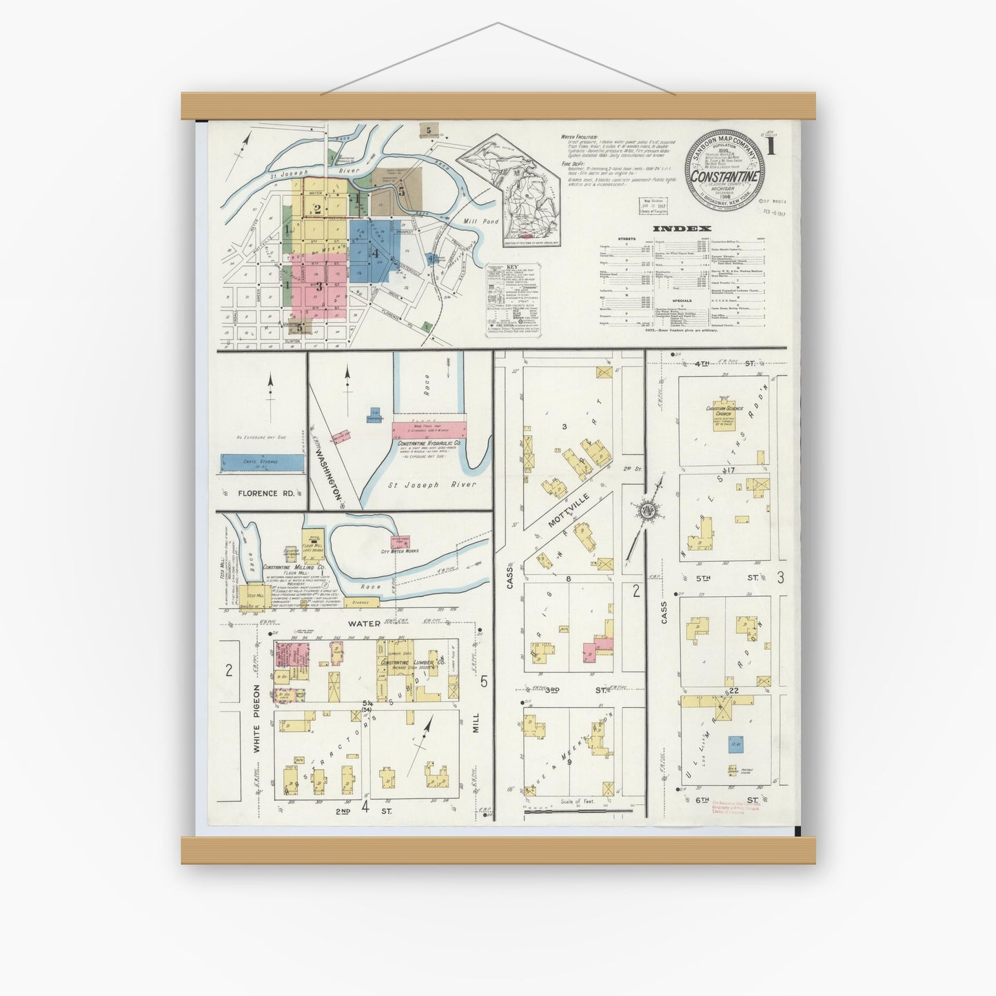 Old map wall art mockup — magnetic wood frame on white wall — Sanborn Fire Insurance Map from Constantine, Saint Joseph County, Michigan (1916) - Complete Map Set