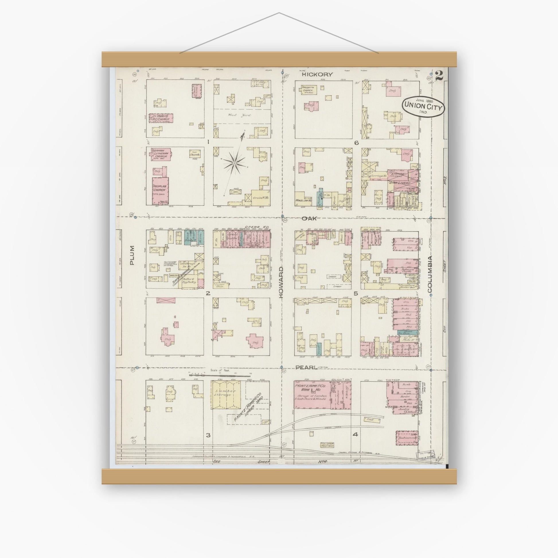 Old map wall art mockup — magnetic wood frame on white wall — Sanborn Fire Insurance Map from Union City, Randolph County, Indiana (1885), Sheet #0002