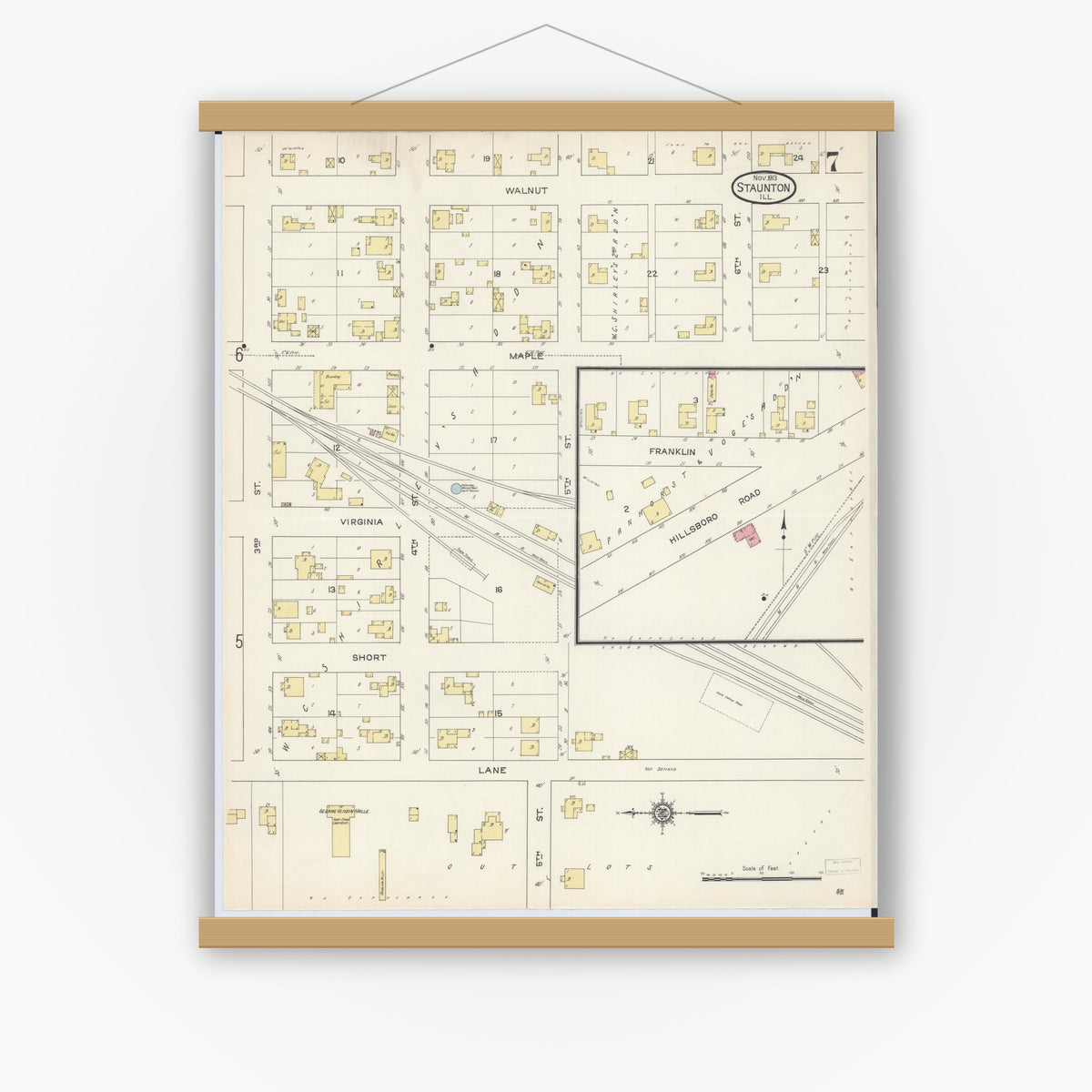 Old map wall art mockup — magnetic wood frame on white wall — Sanborn Fire Insurance Map from Staunton, Macoupin County, Illinois (1913), Sheet #0007