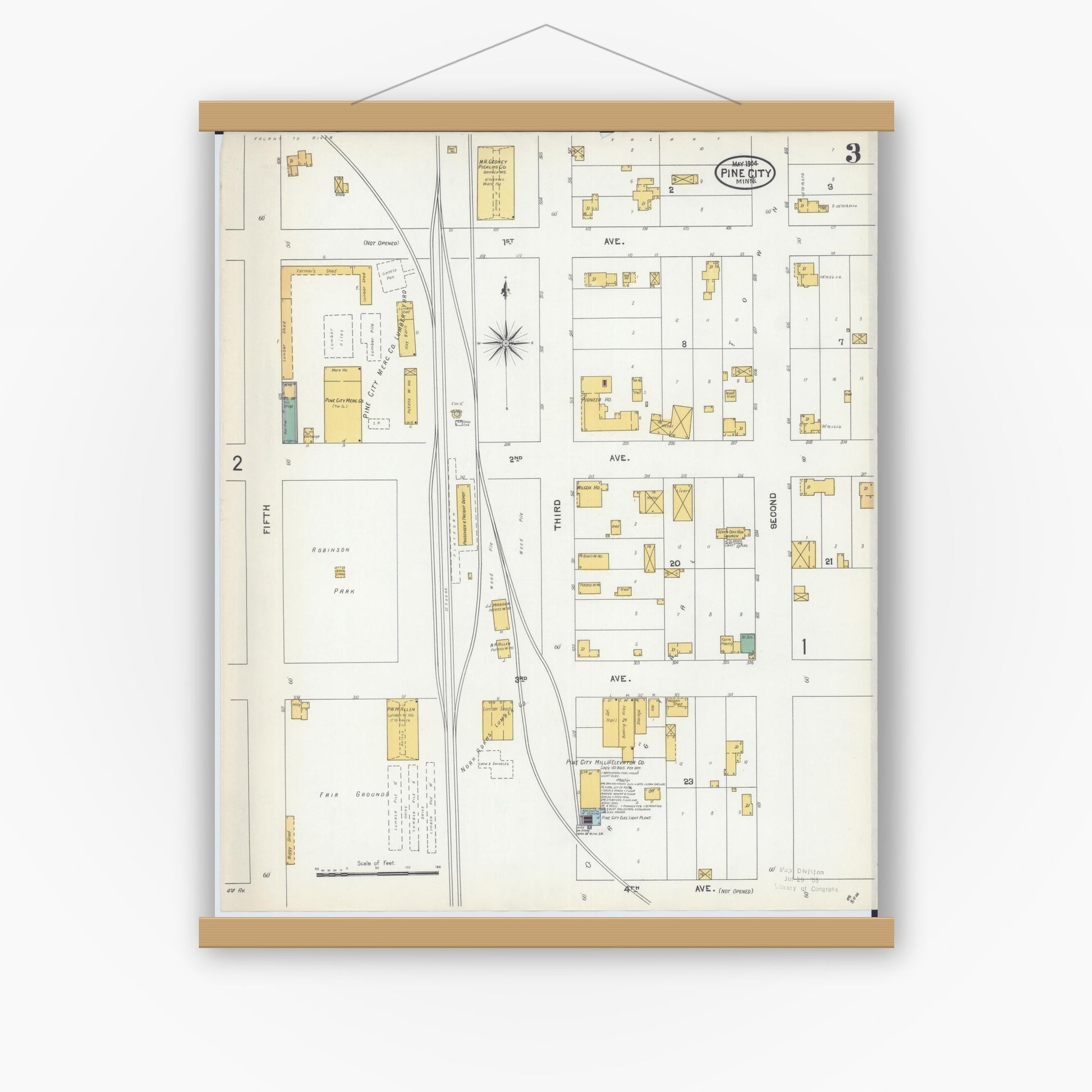 Old map wall art mockup — magnetic wood frame on white wall — Sanborn Fire Insurance Map from Pine City, Pine County, Minnesota (1904), Sheet #0003
