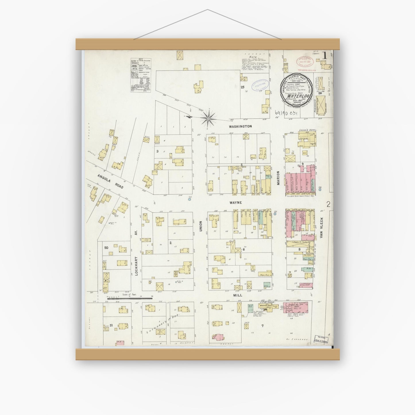 Old map wall art mockup — magnetic wood frame on white wall — Sanborn Fire Insurance Map from Waterloo, De Kalb County, Indiana (1897) - Complete Map Set