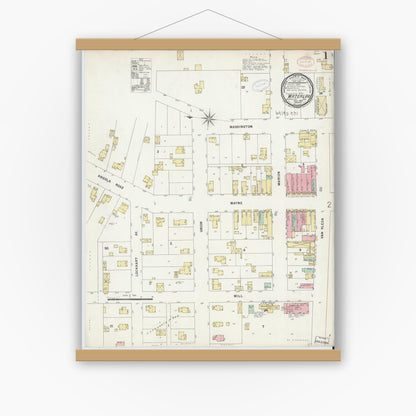 Old map wall art mockup — magnetic wood frame on white wall — Sanborn Fire Insurance Map from Waterloo, De Kalb County, Indiana (1897) - Complete Map Set
