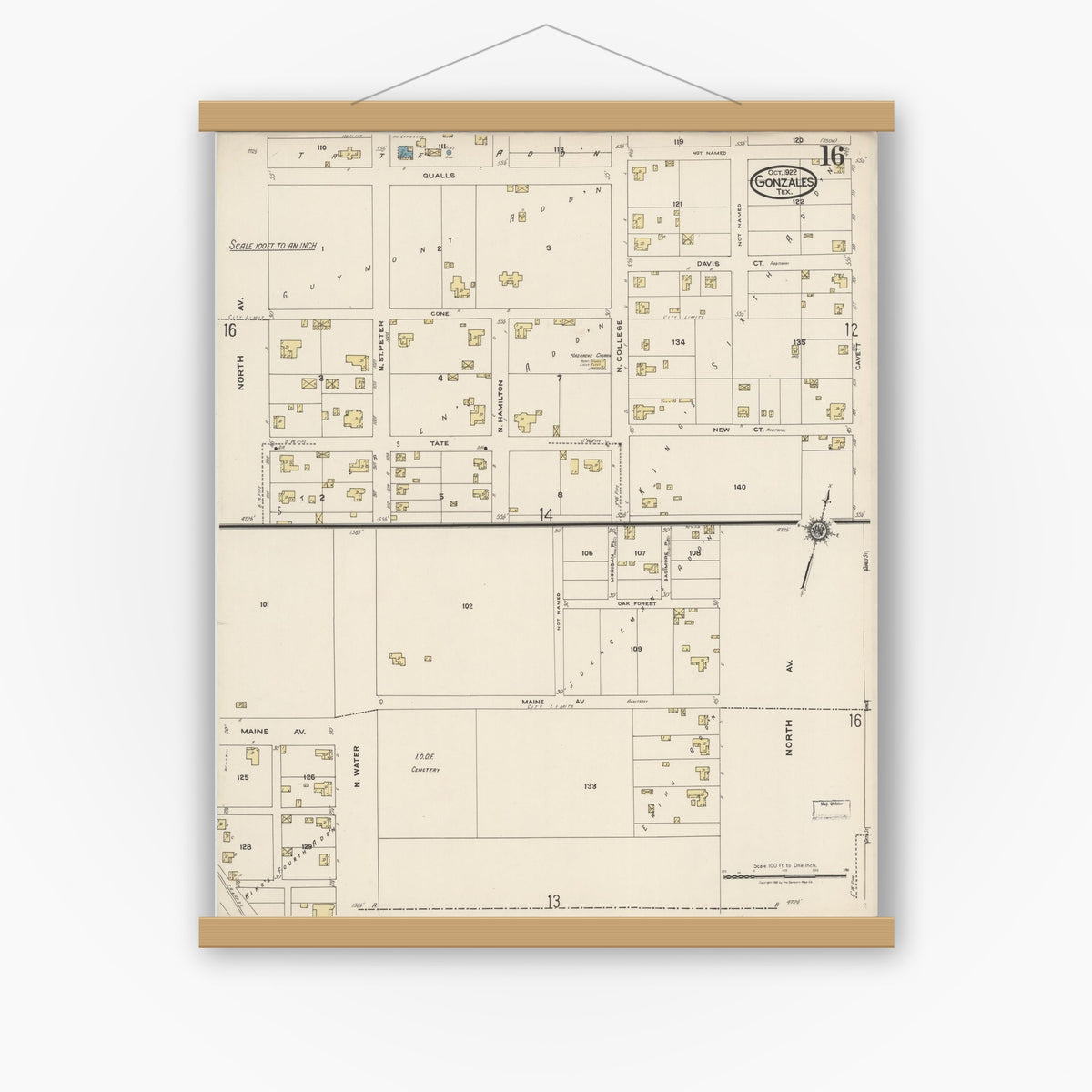 Old map wall art mockup — magnetic wood frame on white wall — Sanborn Fire Insurance Map from Gonzales, Gonzales County, Texas (1922), Sheet #0016