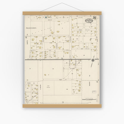 Old map wall art mockup — magnetic wood frame on white wall — Sanborn Fire Insurance Map from Gonzales, Gonzales County, Texas (1922), Sheet #0016